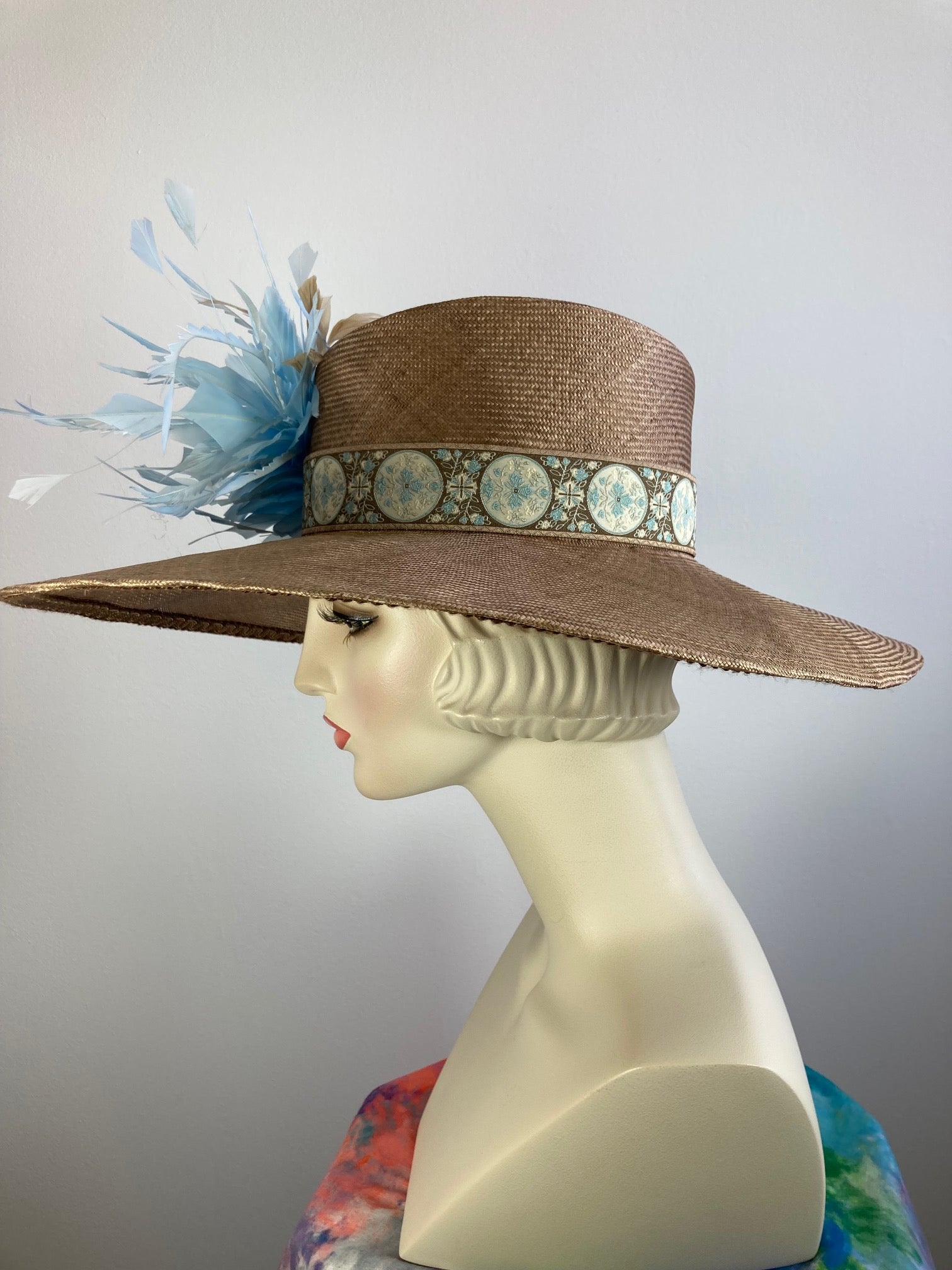 Dark tan mocha wide brim hat. Kentucky Derby hat. Carraige Driving hat. Neutral blue fancy dress hat. One of a kind wide brim hat
