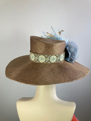 Dark tan mocha wide brim hat. Kentucky Derby hat. Carraige Driving hat. Neutral blue fancy dress hat. One of a kind wide brim hat. Dark tan mocha wide brim hat. Kentucky Derby hat. Carraige Driving hat. Neutral blue fancy dress hat. One of a kind wide brim hat.