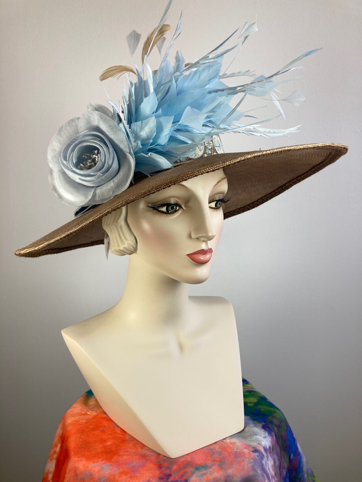 Wide Brim Straw Derby Hat with Feather Fascinator, Adjustable Headband, Kentucky Derby Fascinator Hat: Feather & Ribbon Tea Party  main image 2