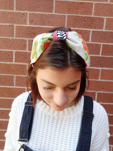 Ladies Red and Green Chic Floral Turban Headband. Repurposed Fabric Headband Hat Accessory.