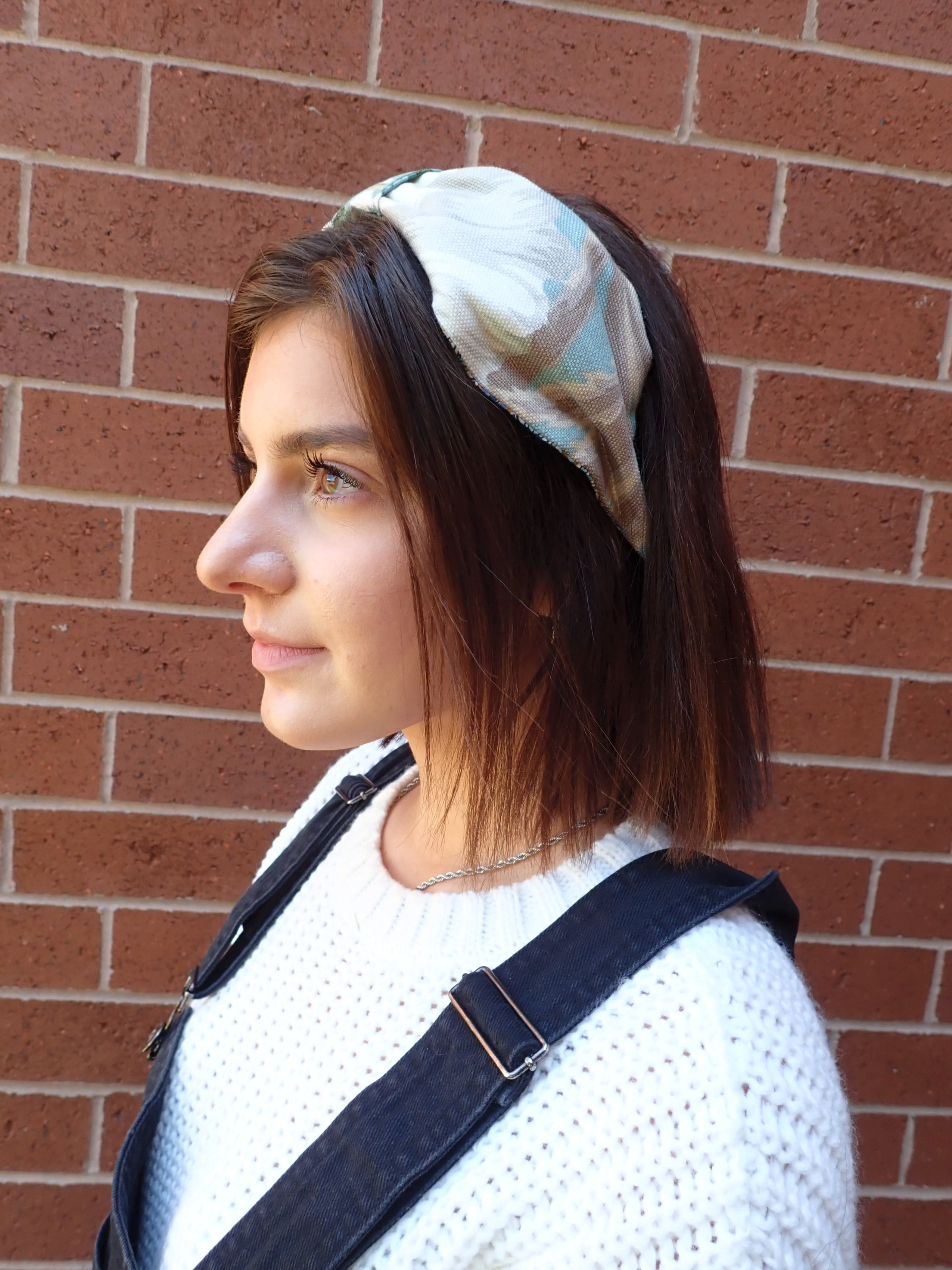 Ladies Blue, Beige and Cream Chic Linen Turban Headband. Repurposed Fabric Headband Hat Accessory.