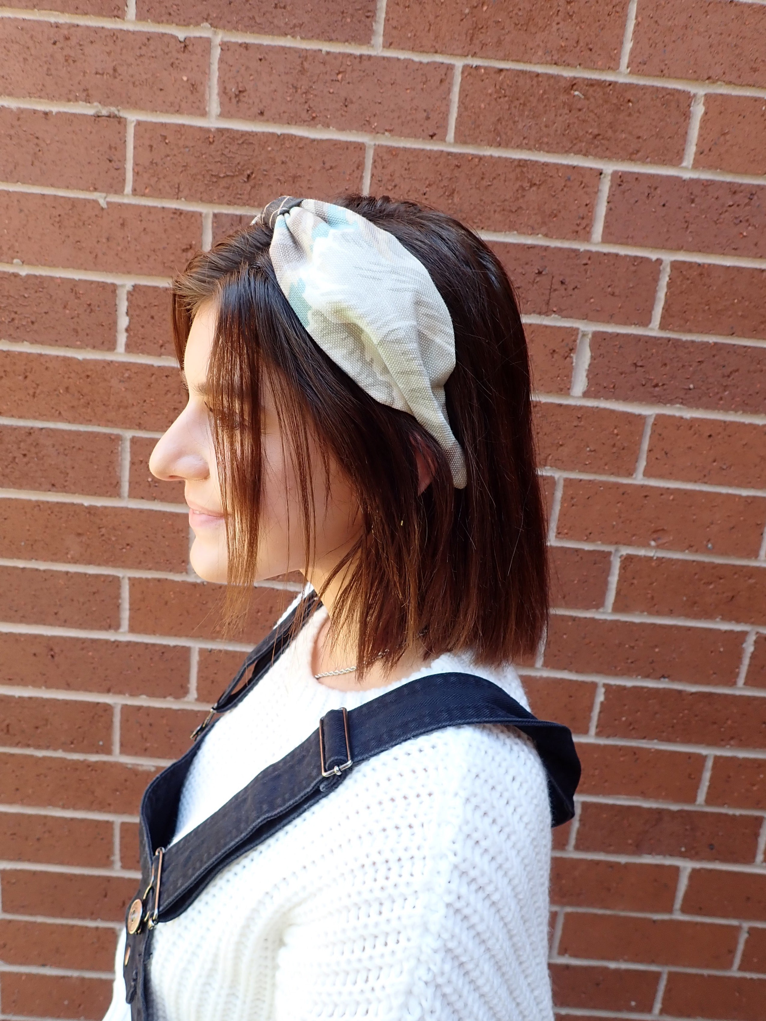 Ladies Blue, Beige and Cream Chic Linen Turban Headband. Repurposed Fabric Headband Hat Accessory.