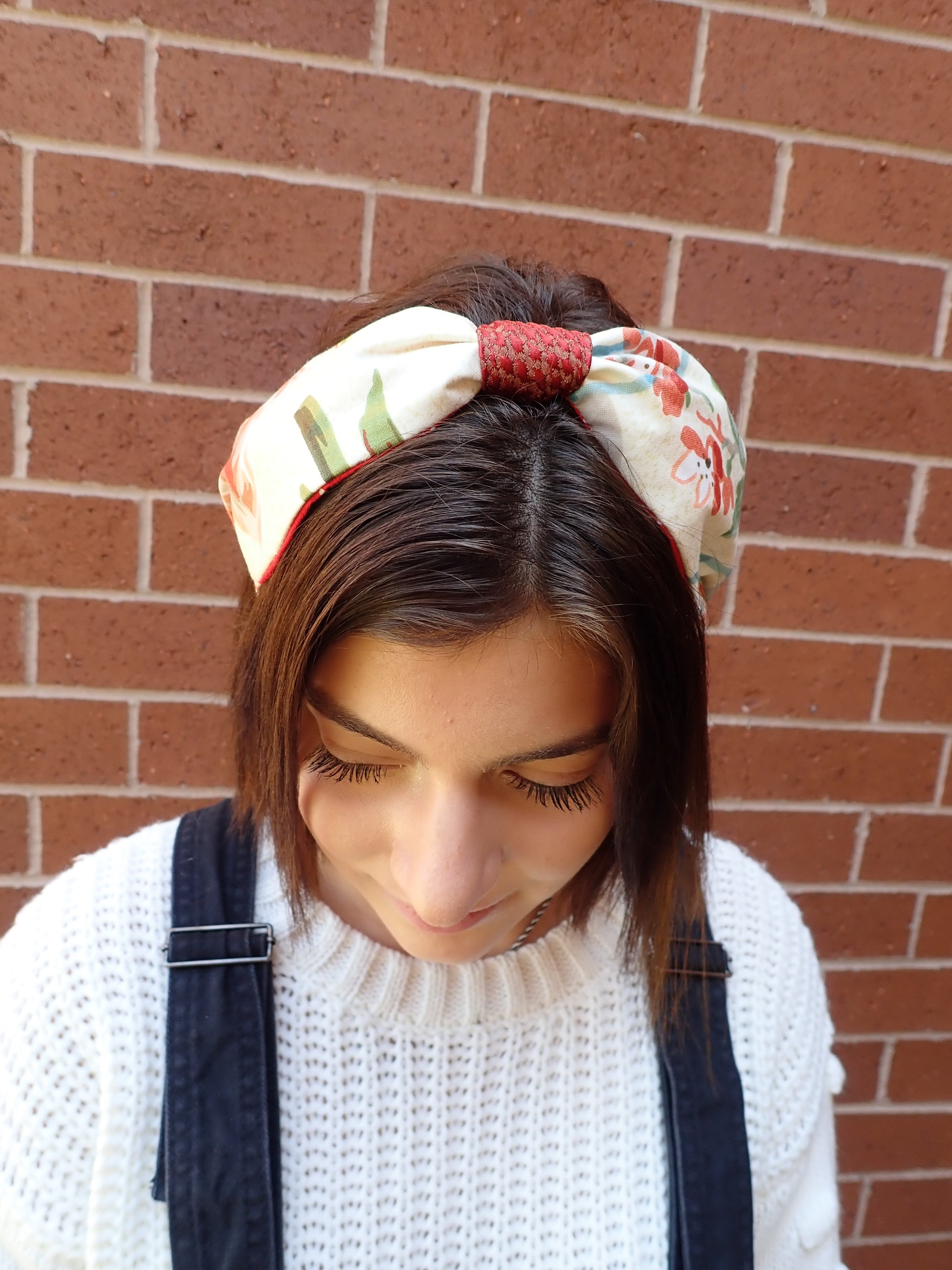 Ladies Green, Burnt Red and Tan Floral Turban Headband. Repurposed Fabric Headband Hat Accessory.
