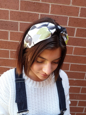 Ladies Dark Gray, Lime and White Chic Floral Turban Headband. Repurposed Fabric Headband Hat Accessory.