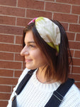Ladies Purple, Pink and Green Chic Linen Turban Headband. Repurposed Fabric Headband Hat Accessory.
