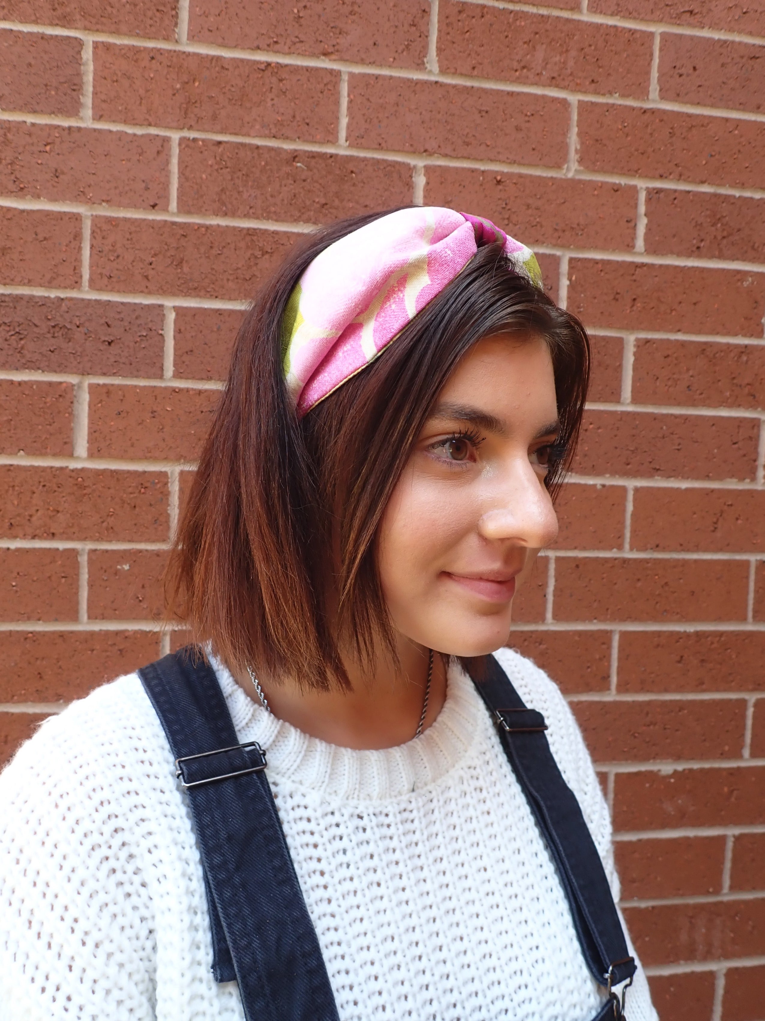 Ladies Purple, Pink and Green Chic Linen Turban Headband. Repurposed Fabric Headband Hat Accessory.