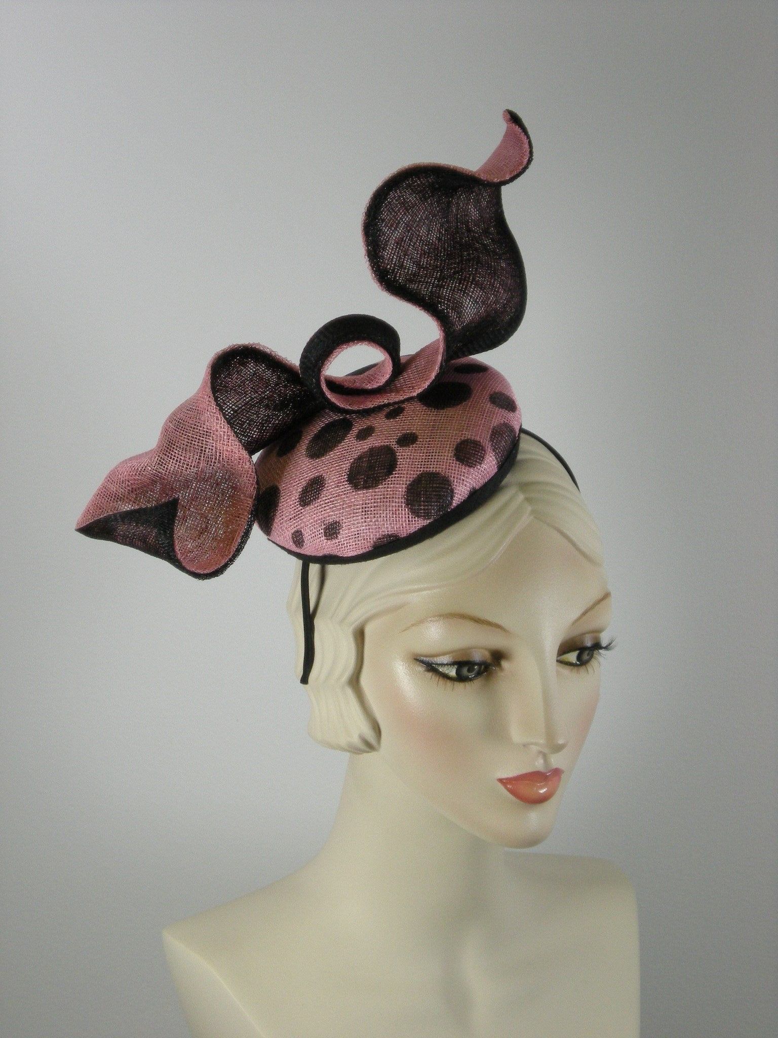 one of a kind whimiscal black ank pink straw fascinator hat