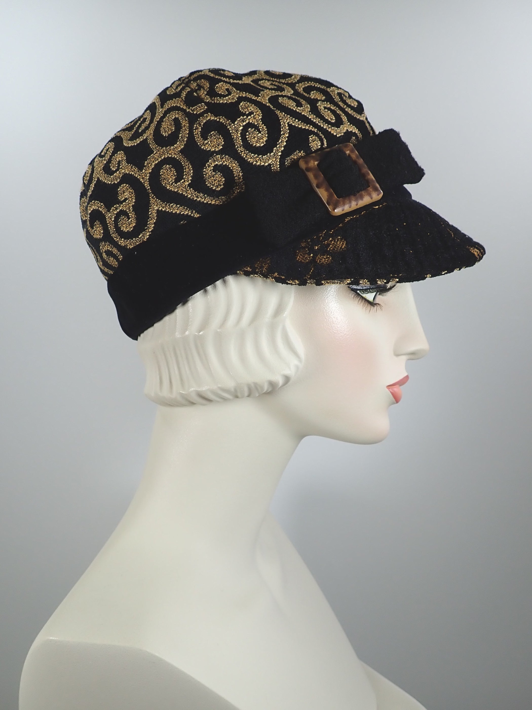 Womens velvet baseball cap in black and gold, vintage buckle