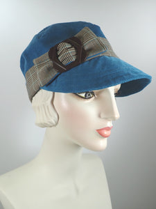One of a kind teal blue womens corduroy baseball cap with brown plaid accents