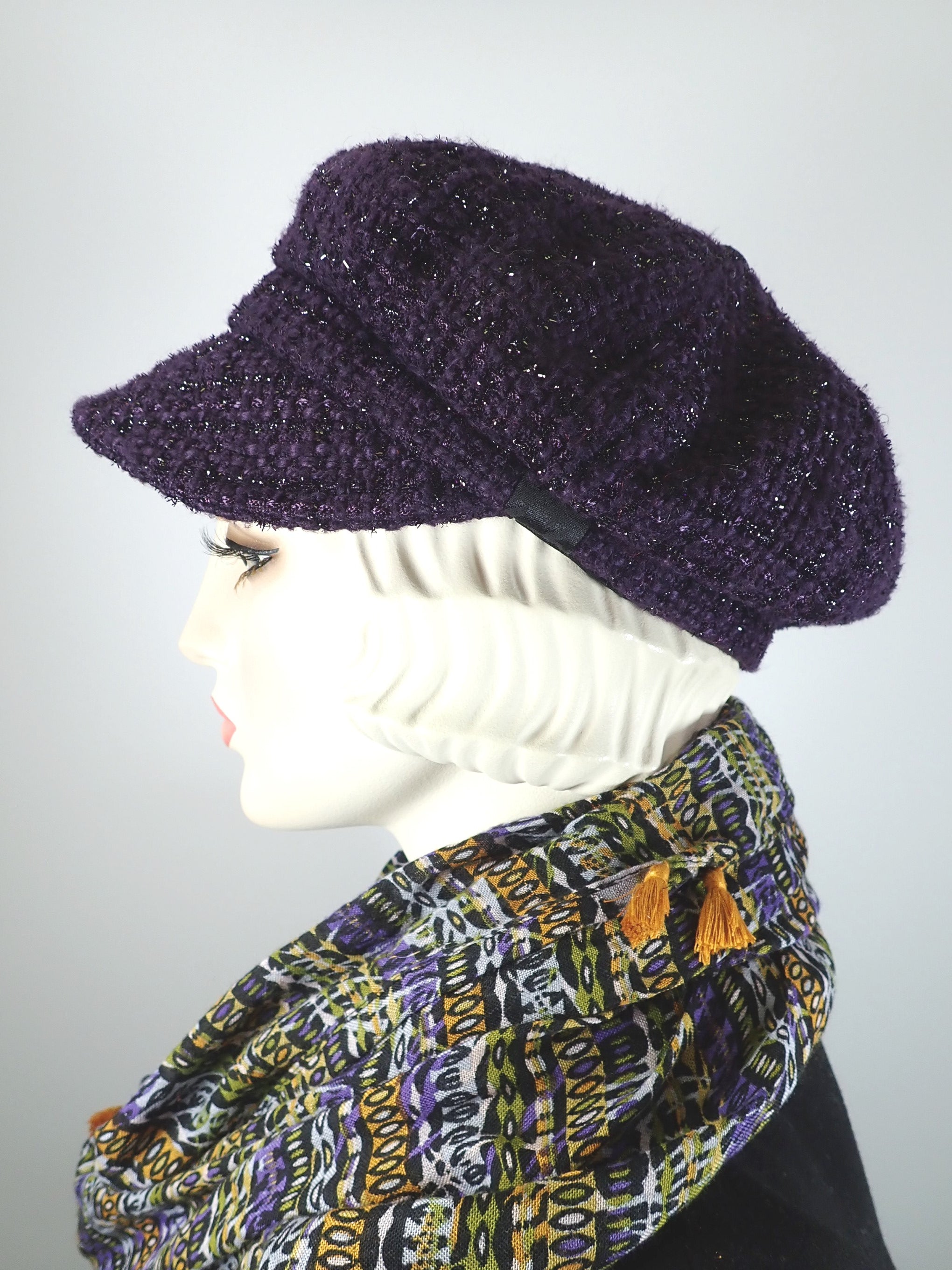 Womens Purple Hat Boucle Newsboy Hat. Ladies Purple Sparkle Cap, Womens Slouchy Hat Purple Newsboy Hat. Casual Ladies soft hat. Travel cap.