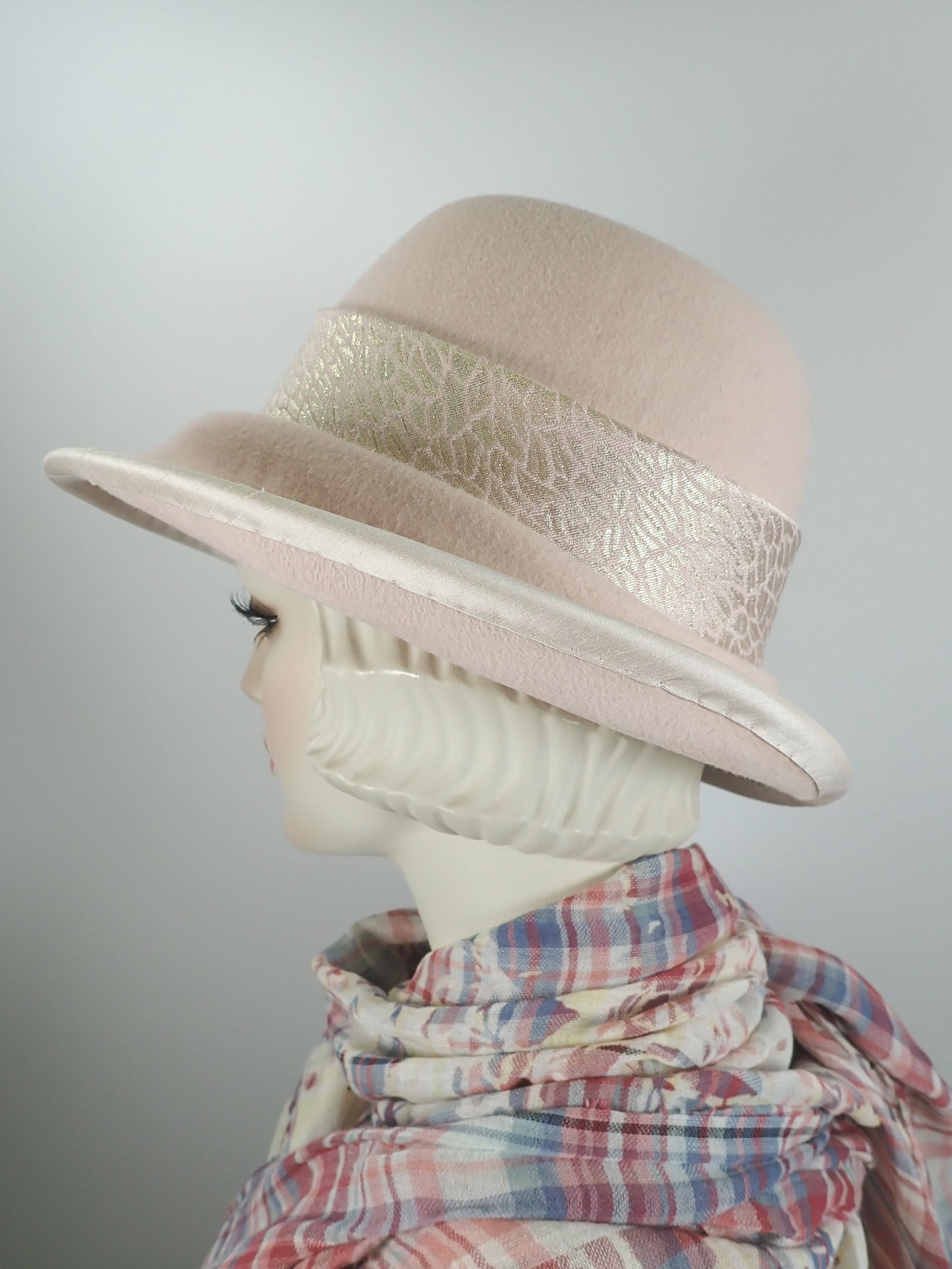 Womens millinery pink fedora wool felt hat. Ladies fedora hat soft pink. Medium brim dressy hat.