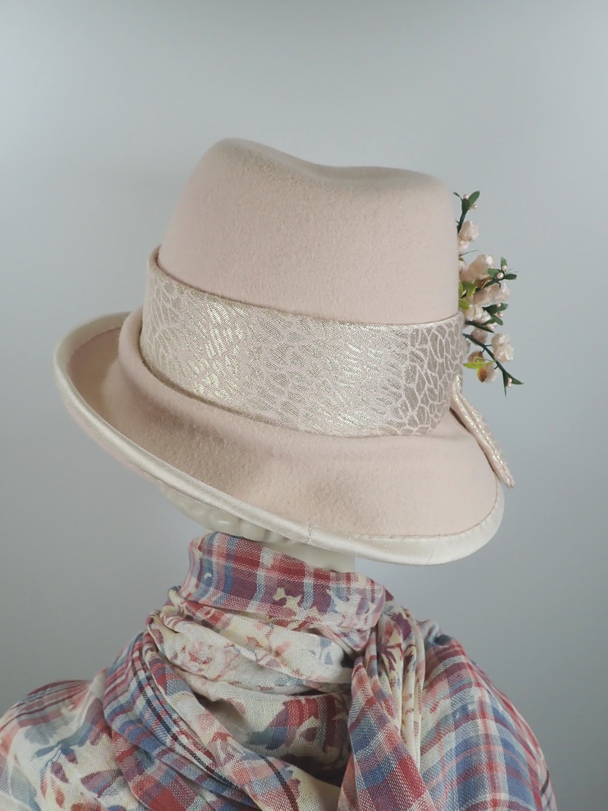 Womens millinery pink fedora wool felt hat. Ladies fedora hat soft pink. Medium brim dressy hat.