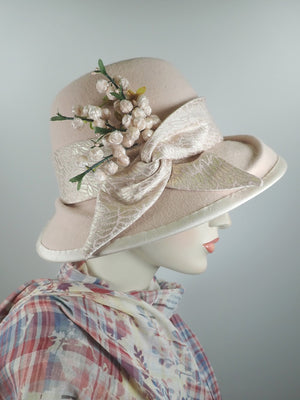 Womens millinery pink fedora wool felt hat. Ladies fedora hat soft pink. Medium brim dressy hat.