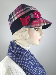 Navy, pink and white plaid flannel baseball cap pink vintage velvet bow