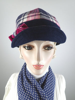 Women's winter hat pink and blue plaid newsboy baseball style. Casual comfy ladies hat. Stylish soft fabric hat.