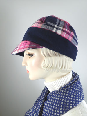 Women's winter hat pink and blue plaid newsboy baseball style. Casual comfy ladies hat. Stylish soft fabric hat.