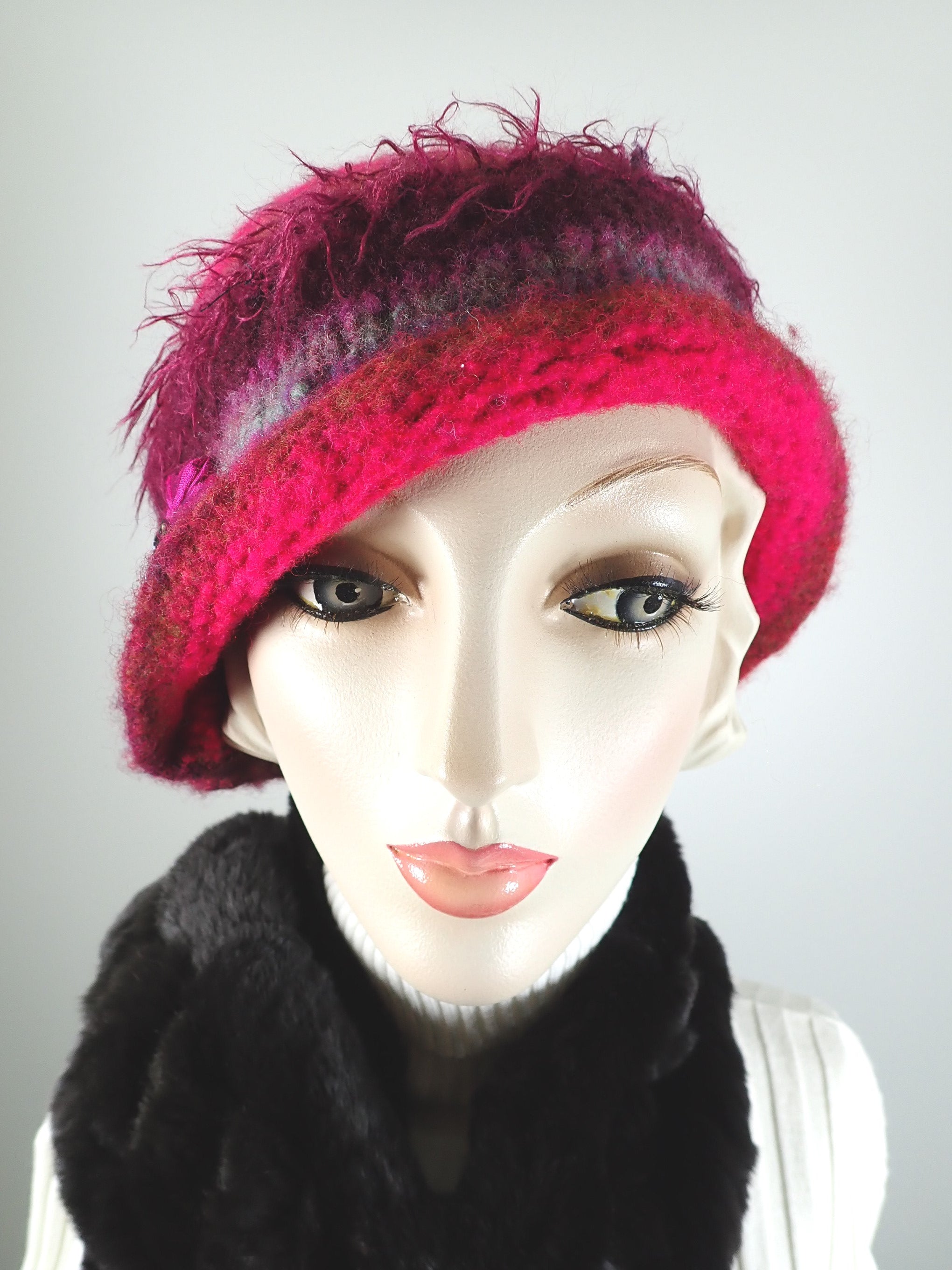 Pink and purple boiled wool knit felt womens hat