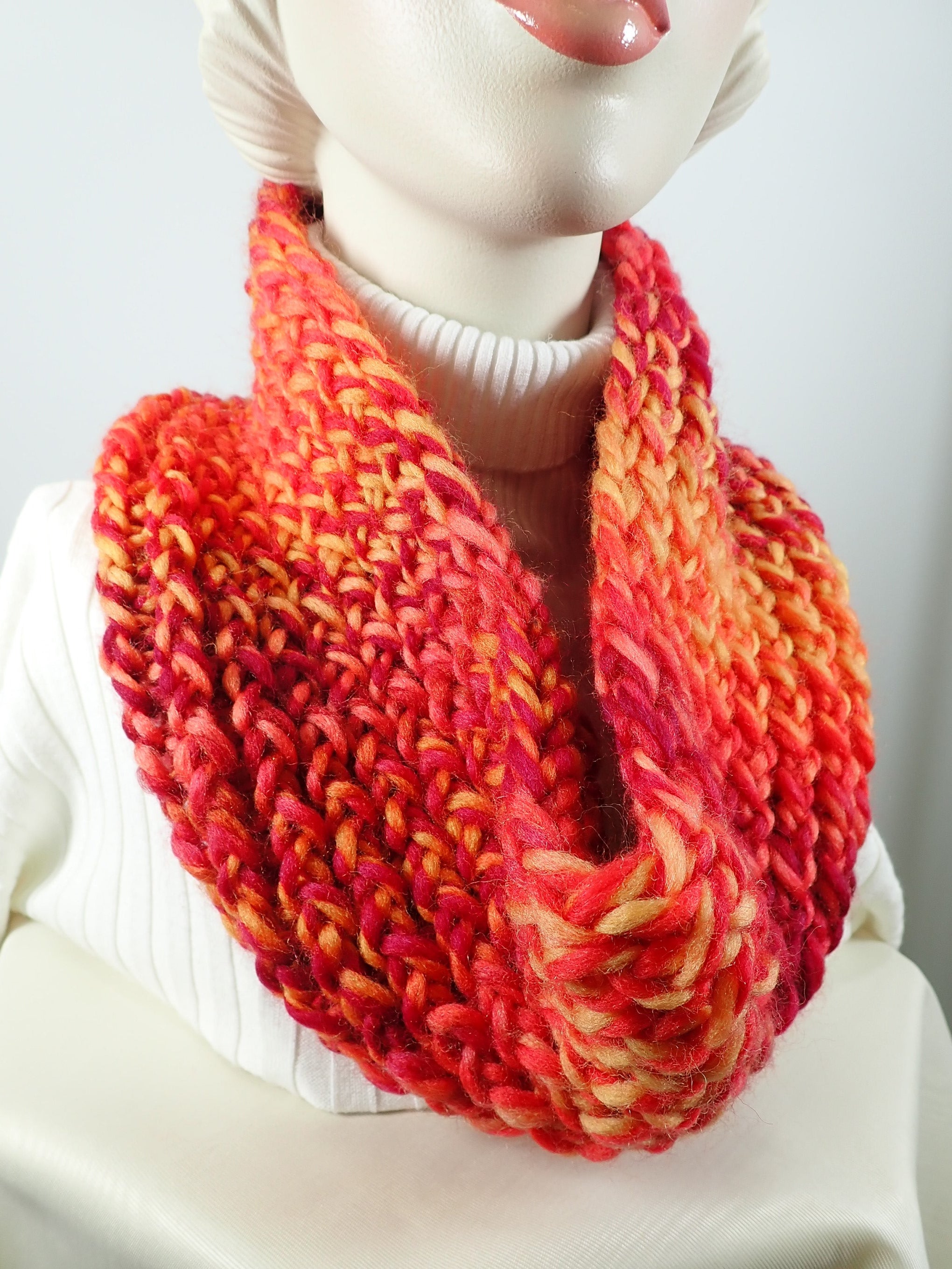 Gifts for her. Hand knitted vividly colored chunky headband and infinity scarf set