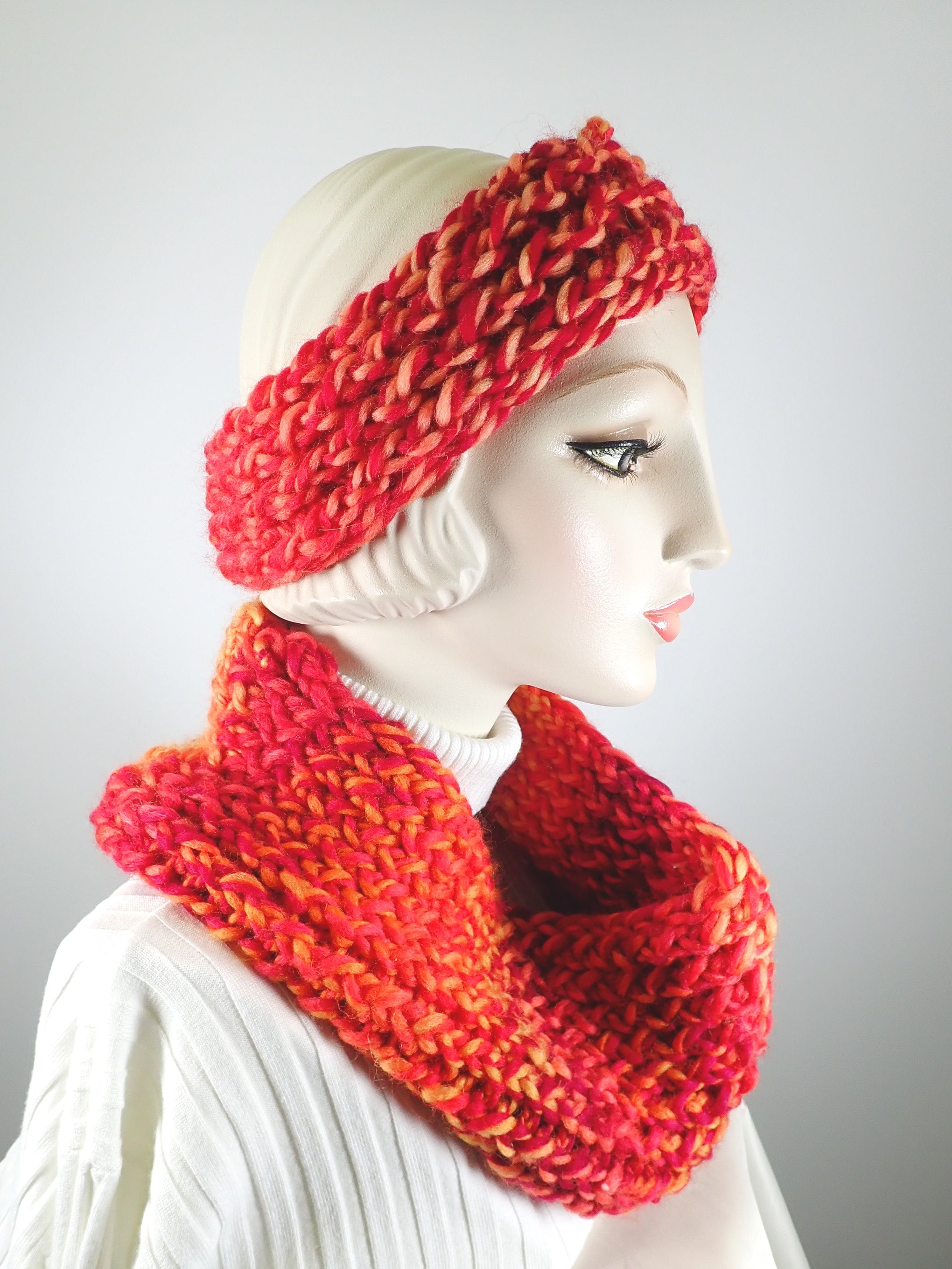 Gifts for her. Hand knitted vividly colored chunky headband and infinity scarf set