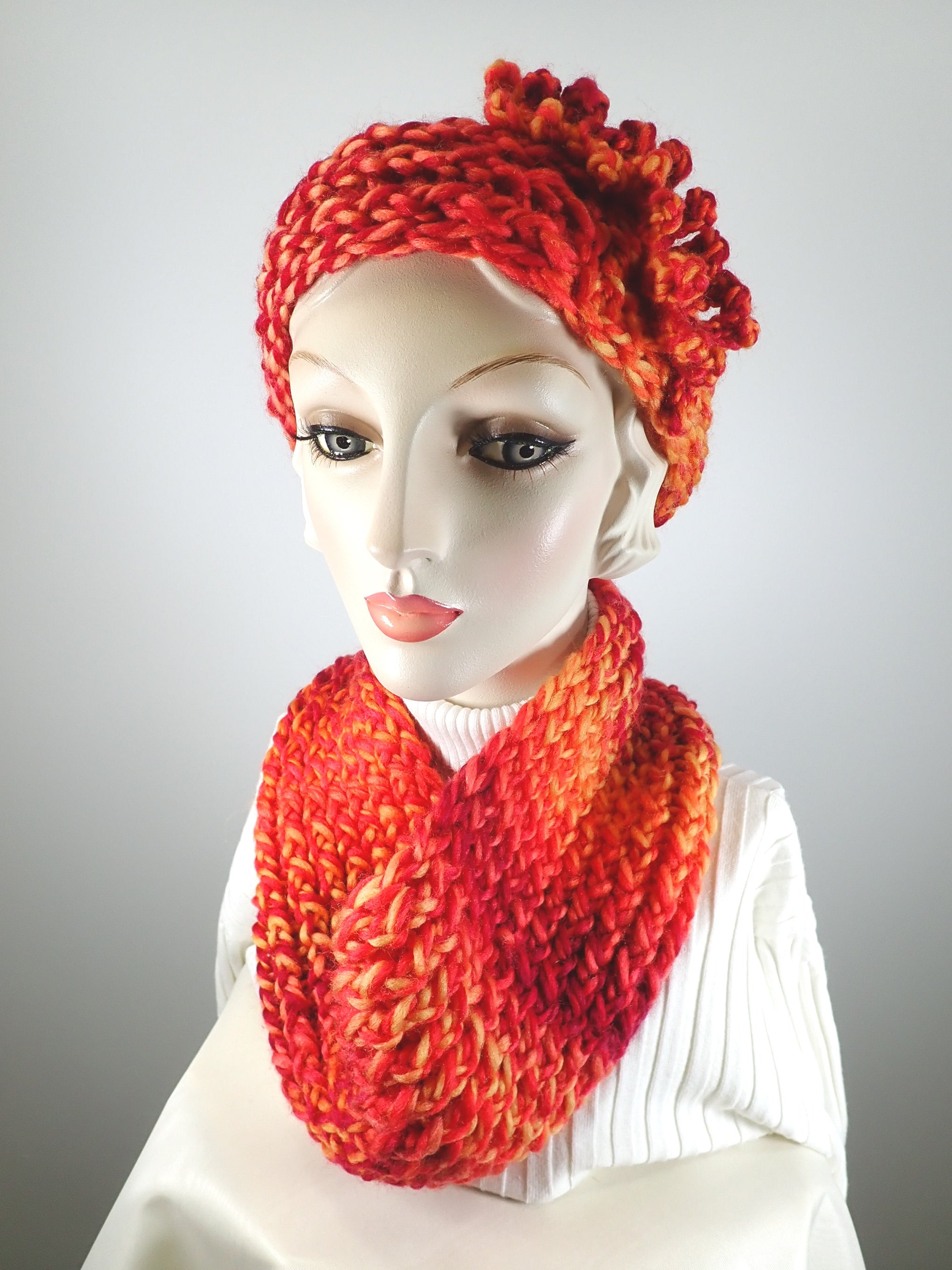 Orange, red, burgundy and gold chunky infinity scarf and headband set