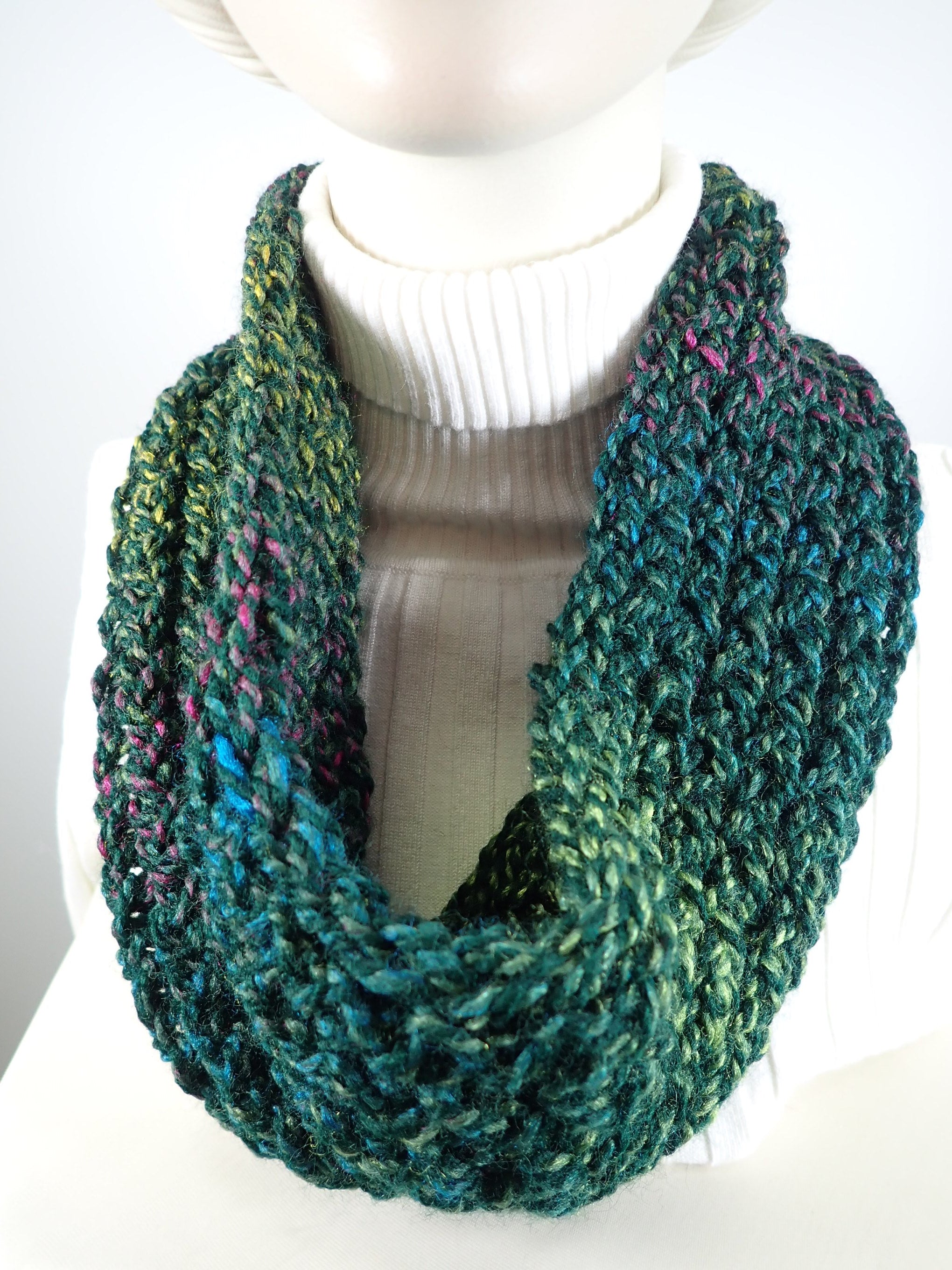 Chunky green hand knitted cowl scarf one of a kind