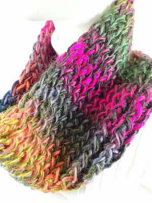 Gifts for her. Hand knitted cowl scarf. Multi color ladies scarf. Soft warm cowl scarf. Vivid acrylic yarn cowl scarf. Womens gift ideas