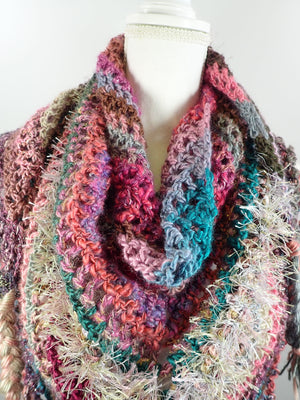 Gifts for Her. Womens Triangle Scarf Shawl. Chunky Crochet Wool Cowl Scarf. Hand Crocheted Scarf. Colorful triangle Scarf. Granny squares