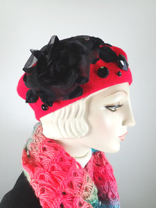 Red wool beret hat for women with vintage black glass buttons and burnout velvet rose