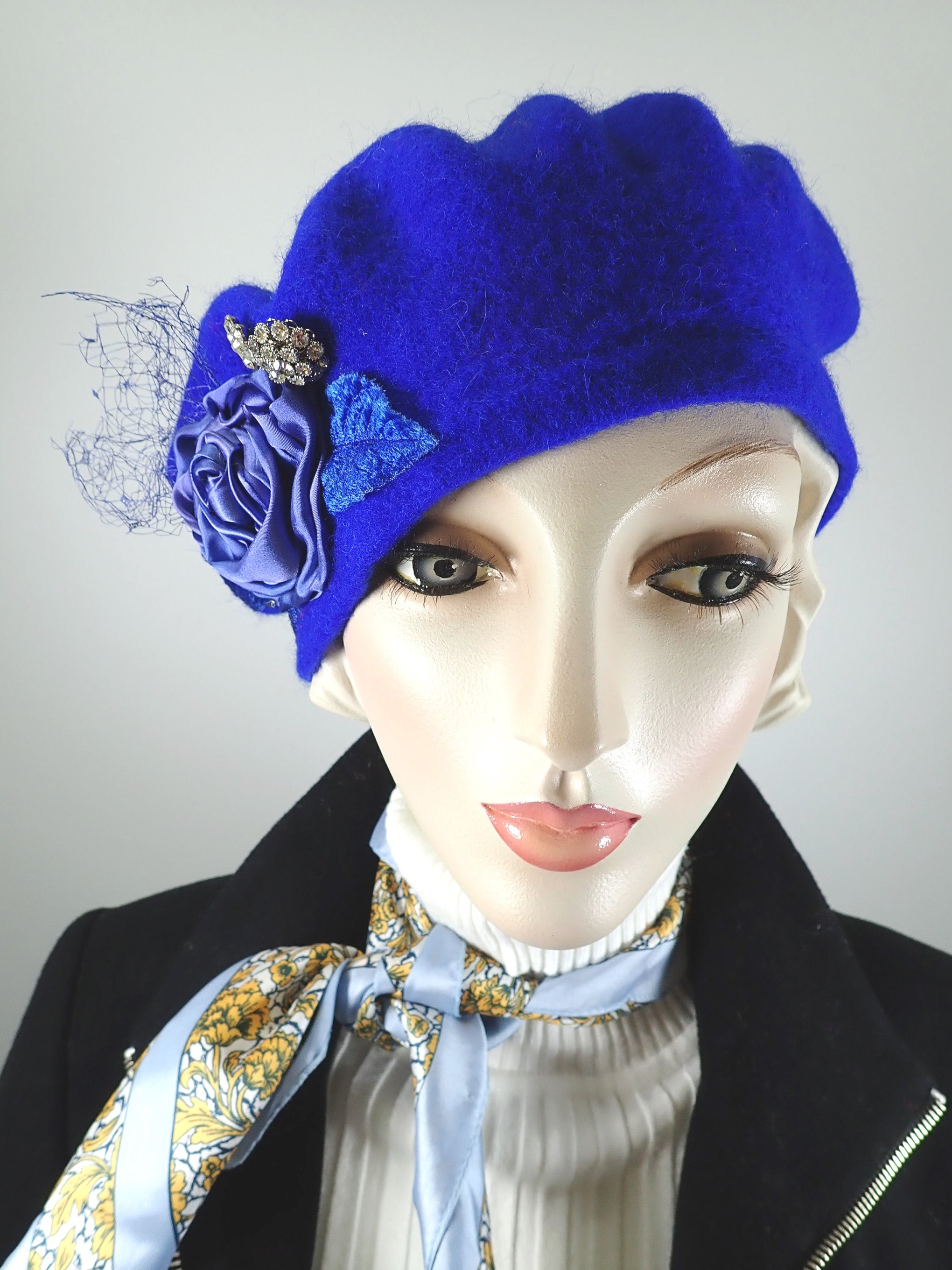 Womens royal blue wool felt beret hat, vintage buttons, satin flower