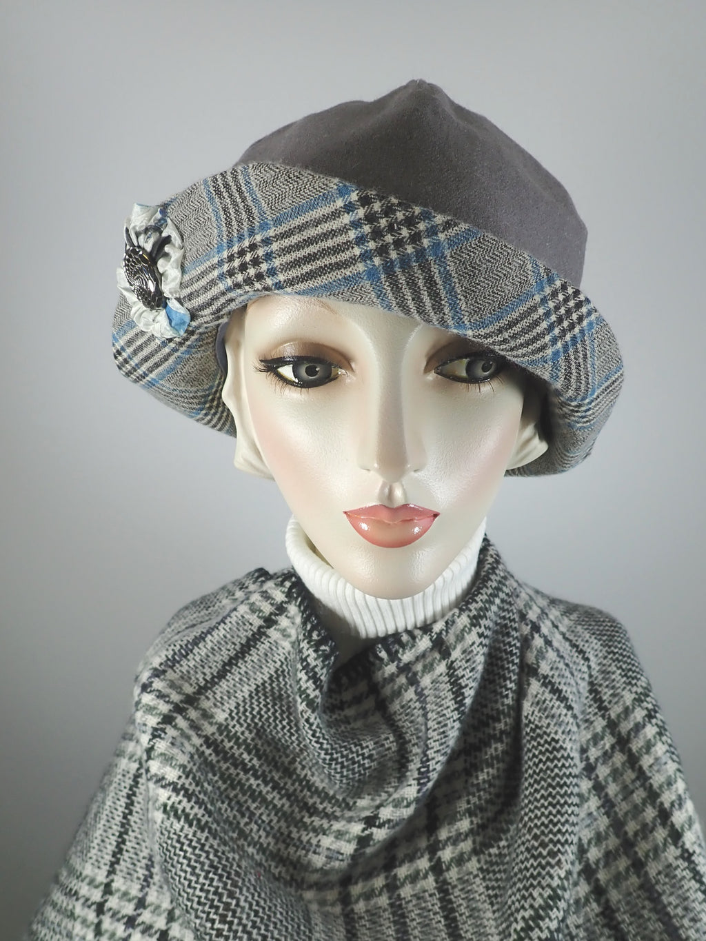 Gray black and blue wool fabric cloche hat