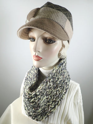 Gifts for her. Womens chunky crochet infinity scarf. Gray and cream neutral ladies scarf
