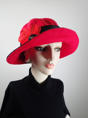 Slow Fashion Hat. Red Downton Abbey Medium brim hat. Ladies statement hat. Womens dessy red and black wool and velvet hat.