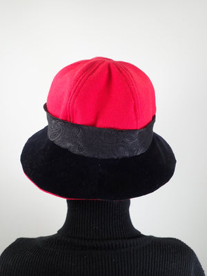 Slow Fashion Hat. Red Downton Abbey Medium brim hat. Ladies statement hat. Womens dessy red and black wool and velvet hat.