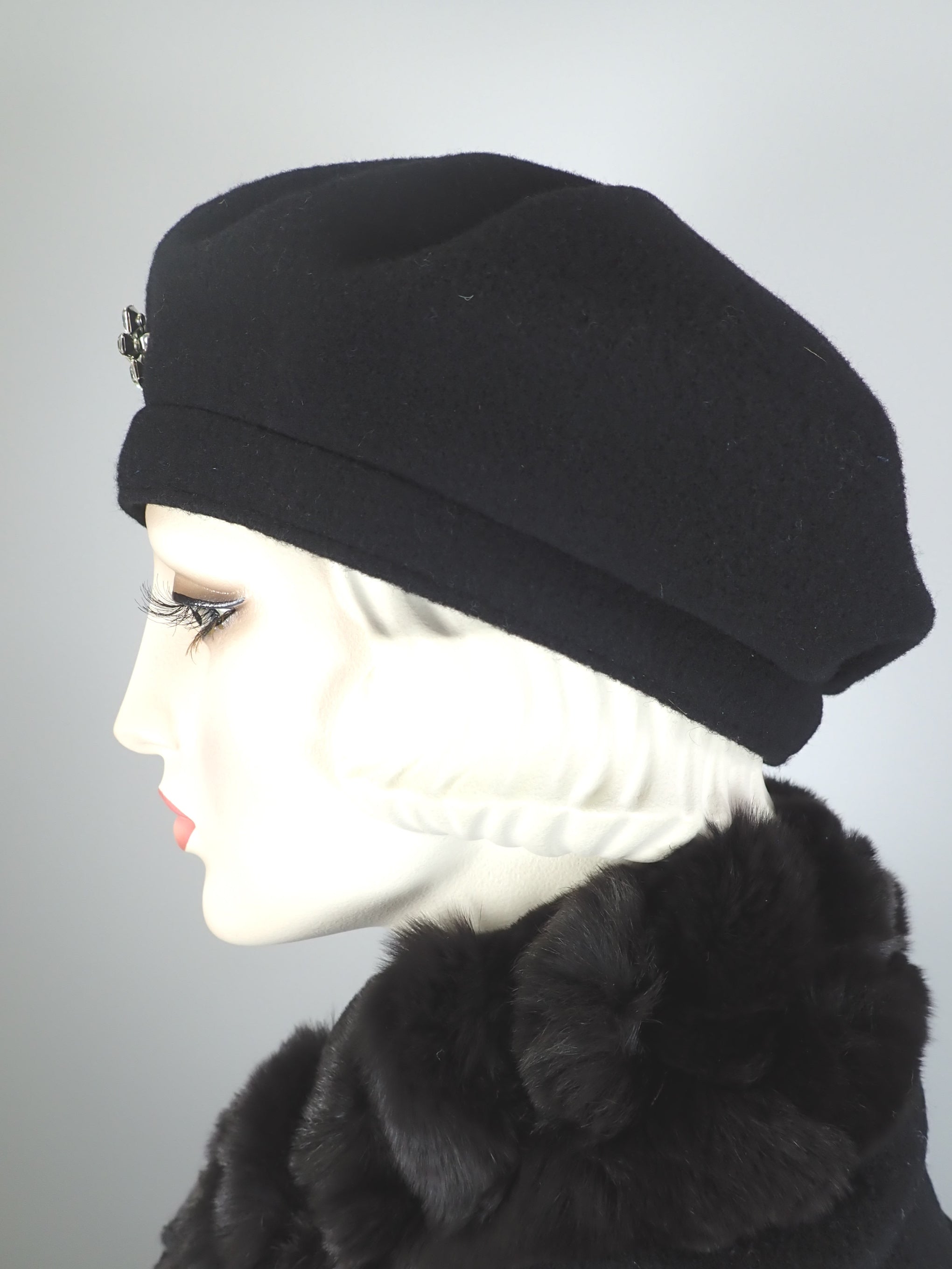 Women's winter wool felt black and white beret. Upcycled sustainable womens beret hat. Hand embellished one of a kind hat.
