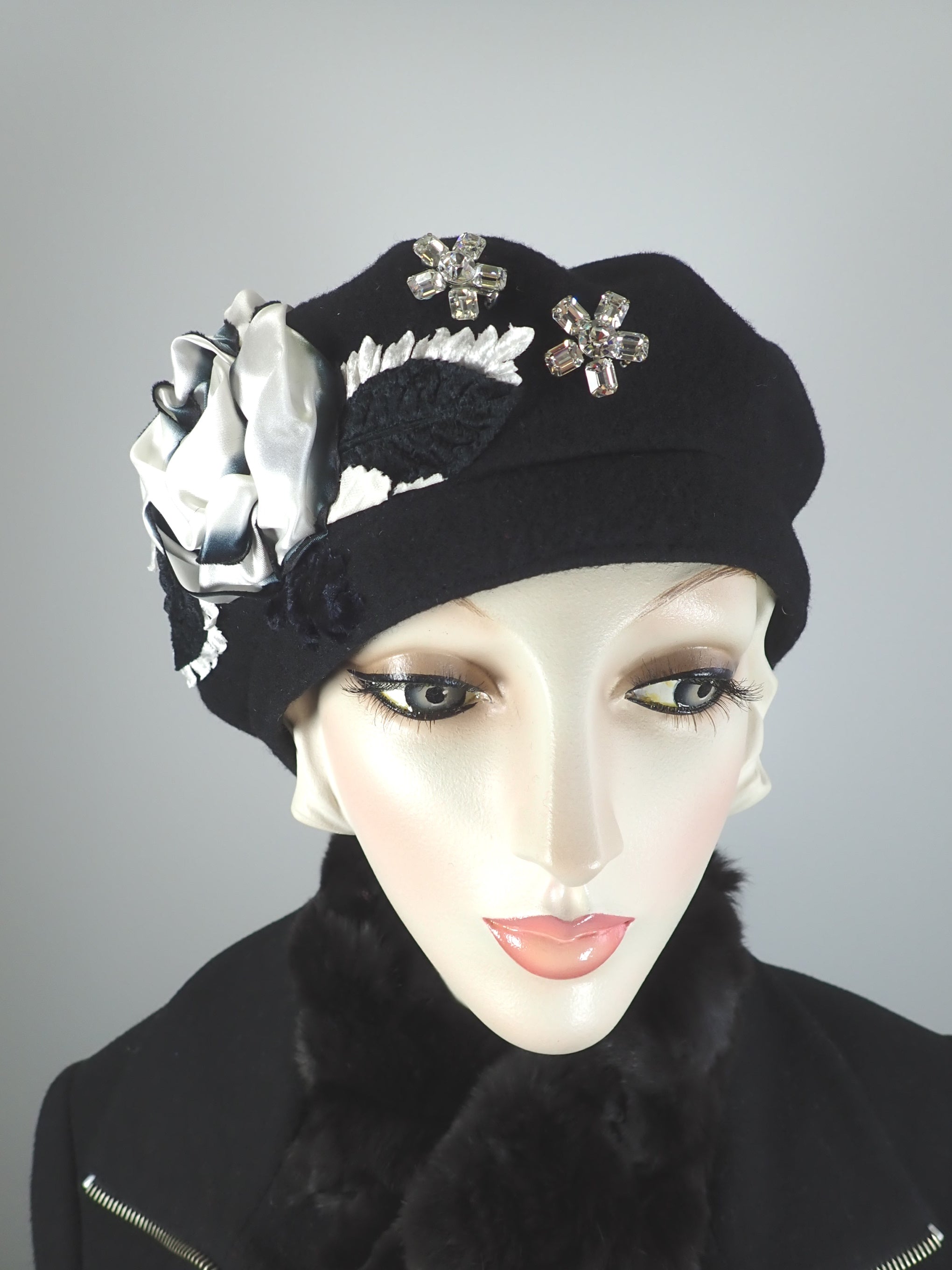 Women's winter wool felt black and white beret. Upcycled sustainable womens beret hat. Hand embellished one of a kind hat.