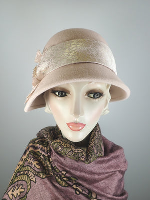 Womens pale pink cloche winter felt hat. Feminine 1920s style Hat. Downton Abbey hat.