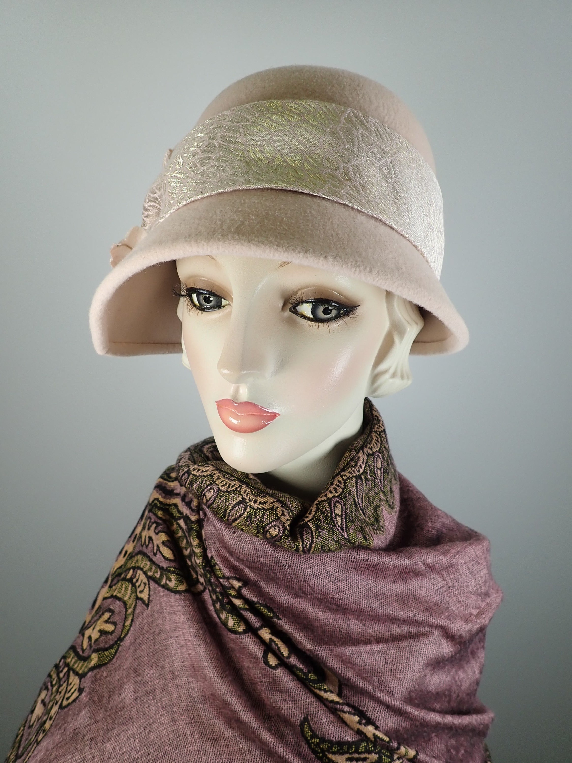 Womens pale pink cloche winter felt hat. Feminine 1920s style Hat. Downton Abbey hat.