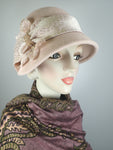 Womens pale pink cloche winter felt hat. Feminine 1920s style Hat. Downton Abbey hat.  