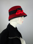 Womens black and red hat hounds tooth print wool felt hat. Ladies retro topper hat. 