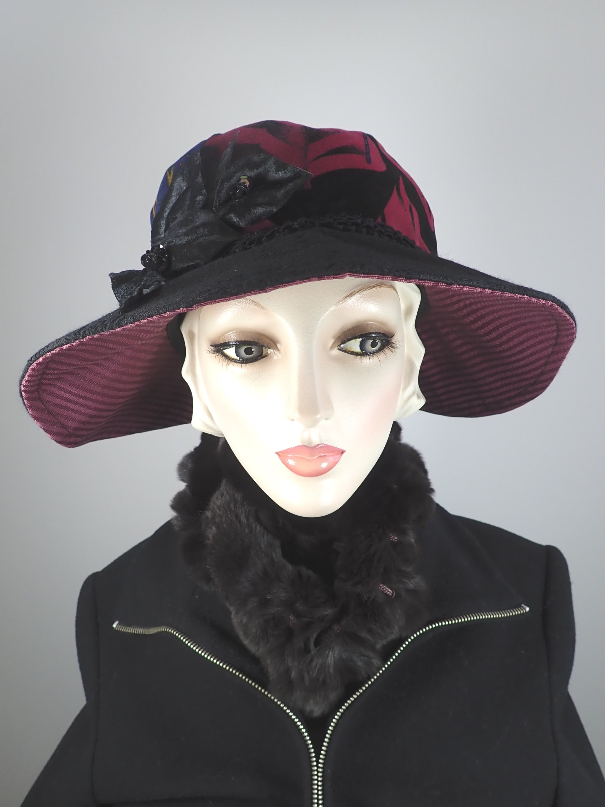 Velvet and wool slow fashion downton abbey medium brim hat black and burgundy