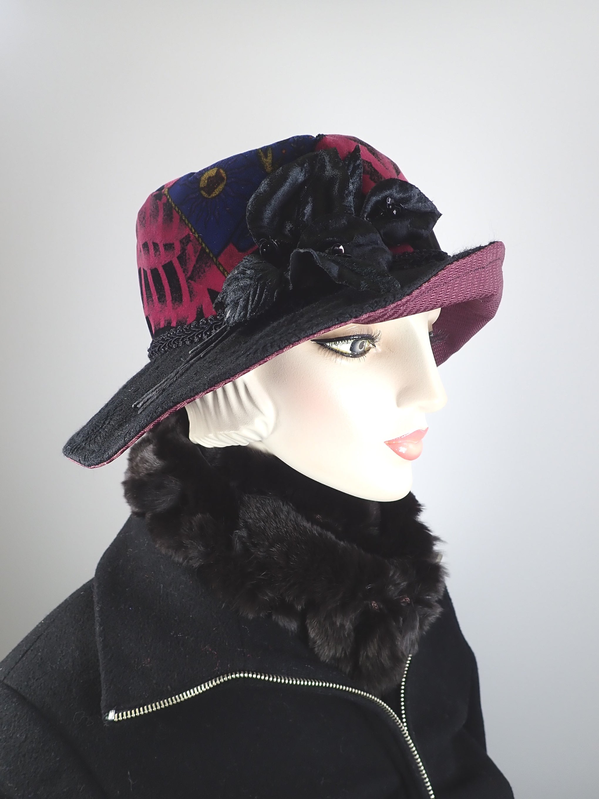 Slow Fashion Hat. Downton Abbey Medium brim hat. Womens Velvet statement hat. Burgundy and black dressy womens hat.