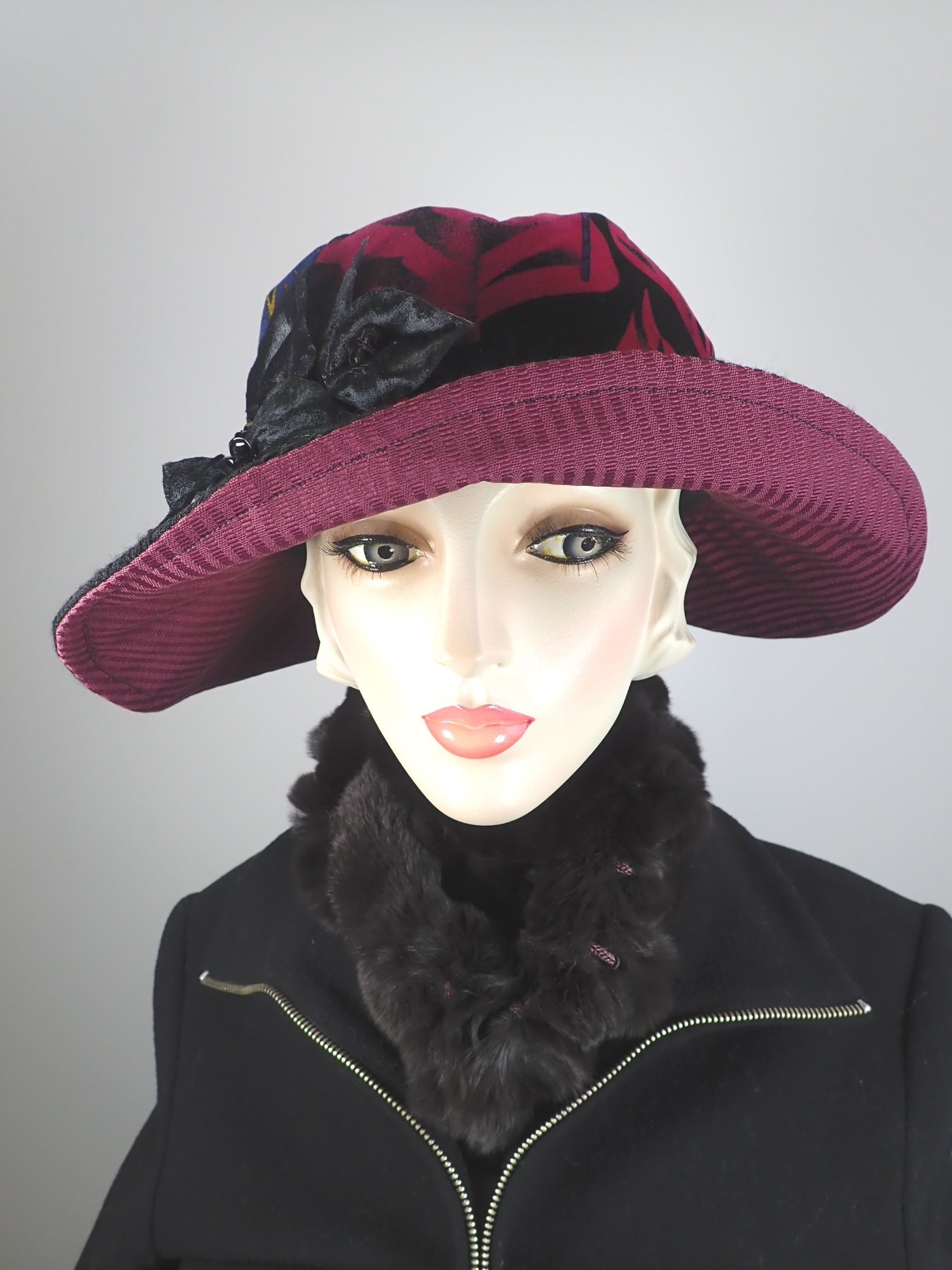 Slow Fashion Hat. Downton Abbey Medium brim hat. Womens Velvet statement hat. Burgundy and black dressy womens hat.