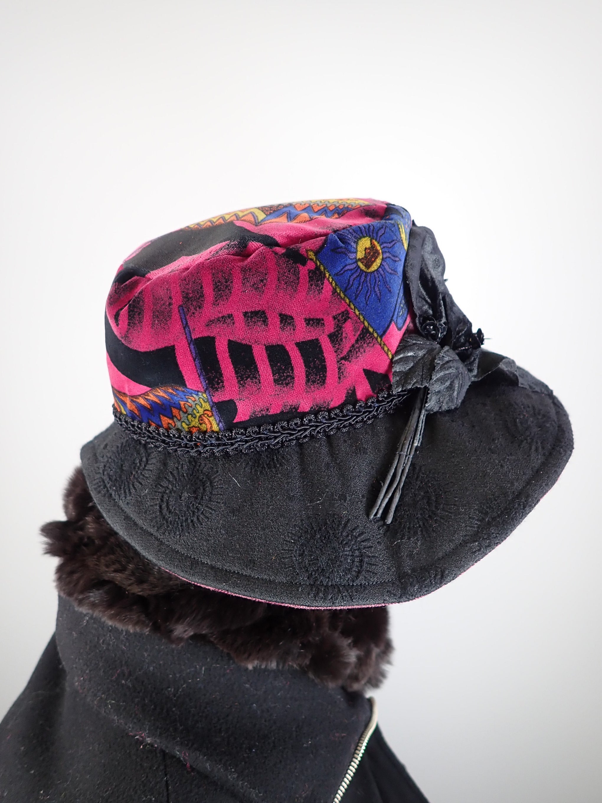 Slow Fashion Hat. Downton Abbey Medium brim hat. Womens Velvet statement hat. Burgundy and black dressy womens hat.