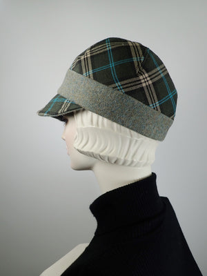 Women's plaid winter hat baseball style. Casual Newsboy hat green and camel. Warm stylish fabric comfy hat. Ladies soft hat.