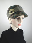 Womens plaid winter hat baseball style. Casual newsboy hat green and camel. Warm comfy hat. Ladies soft fabric hat.