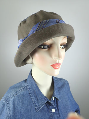 Putty Gray and Blue womens cloche hat. Warm winter wool and cotton cloche. Vintage inspired bucket hat. Womens small travel hat.
