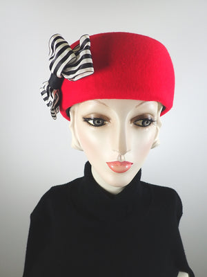 Womens Red Felted Wool Beret Hat. Structured Warm Winter Percher Hat. Classic Ladies Red Beret with Black and White Striped Bow.