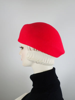 Womens Red Felted Wool Beret Hat. Structured Warm Winter Percher Hat. Classic Ladies Red Beret with Black and White Striped Bow.