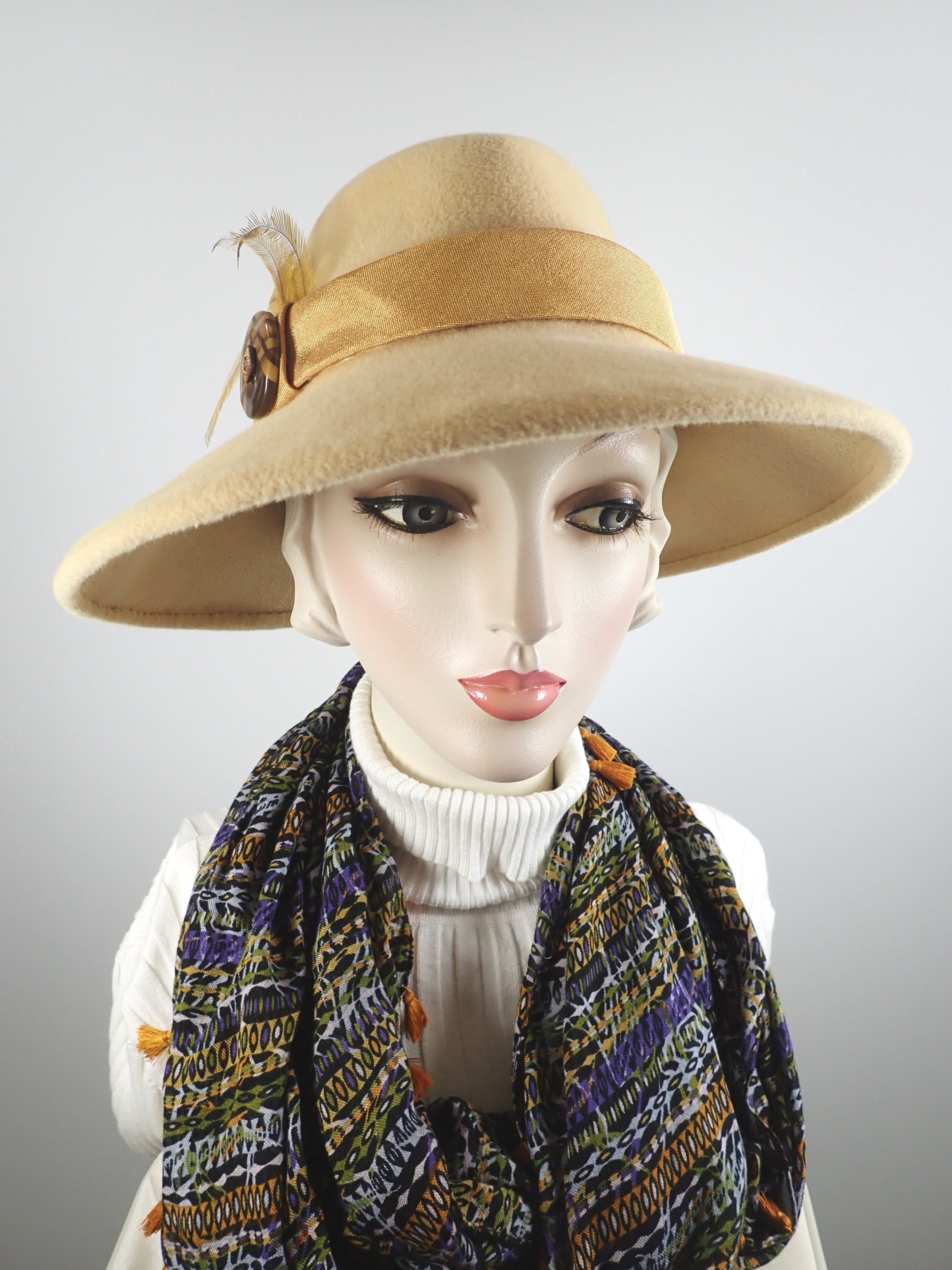 Women's Golden Yellow wool felt fedora. Menswear Look Felt hat. Stylish Medium brim asymmetrical fedora hat.