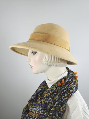Women's Golden Yellow wool felt fedora. Menswear Look Felt hat. Stylish Medium brim asymmetrical fedora hat.